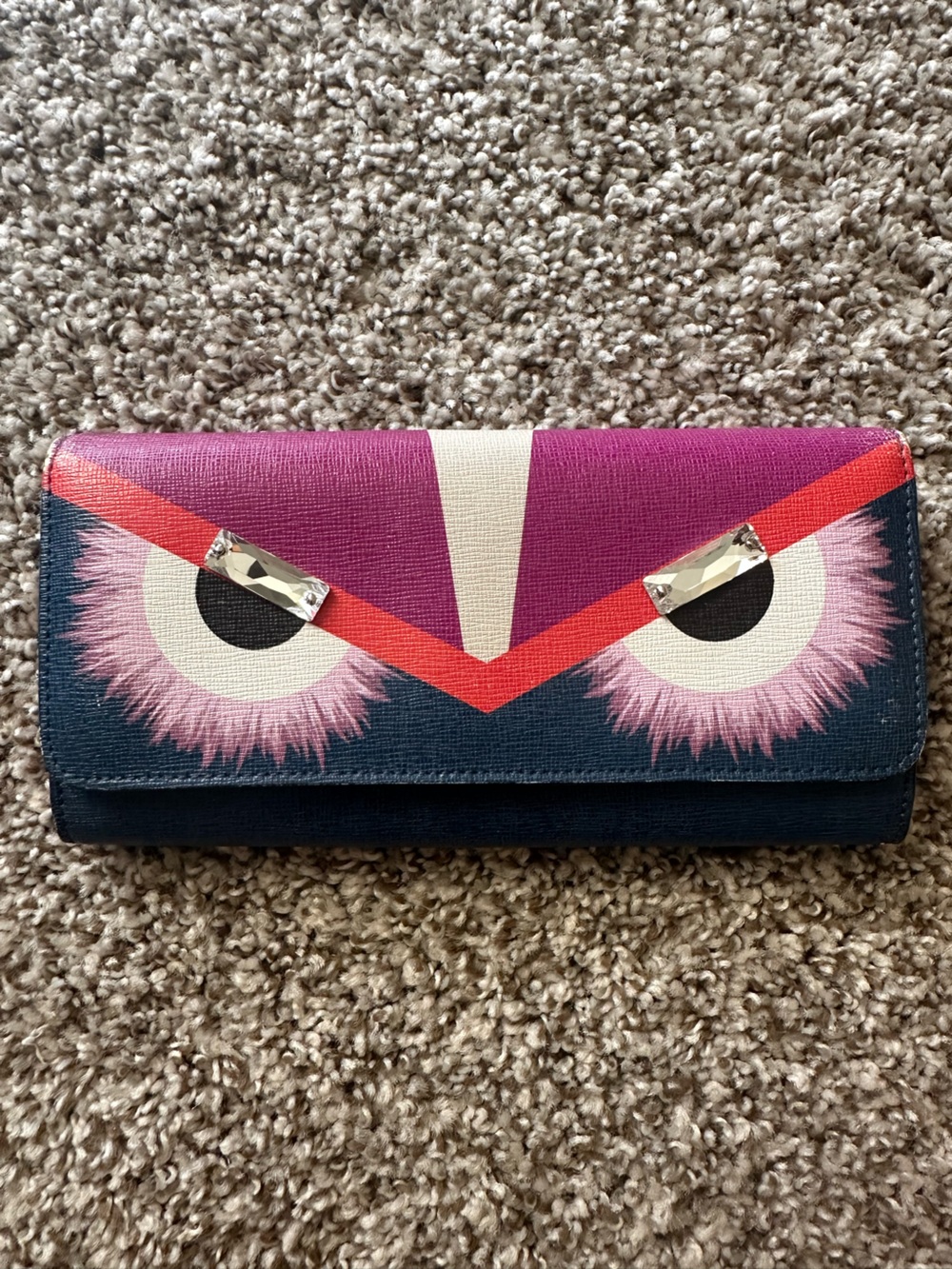 FENDI Vitello Elite Crystal Eye Monster Continental Wallet Cobalt Lavender Pink